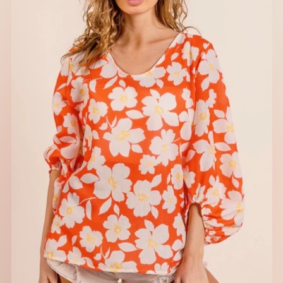 BiBi Floral Blouse - Orange and White - Picture 1 of 5